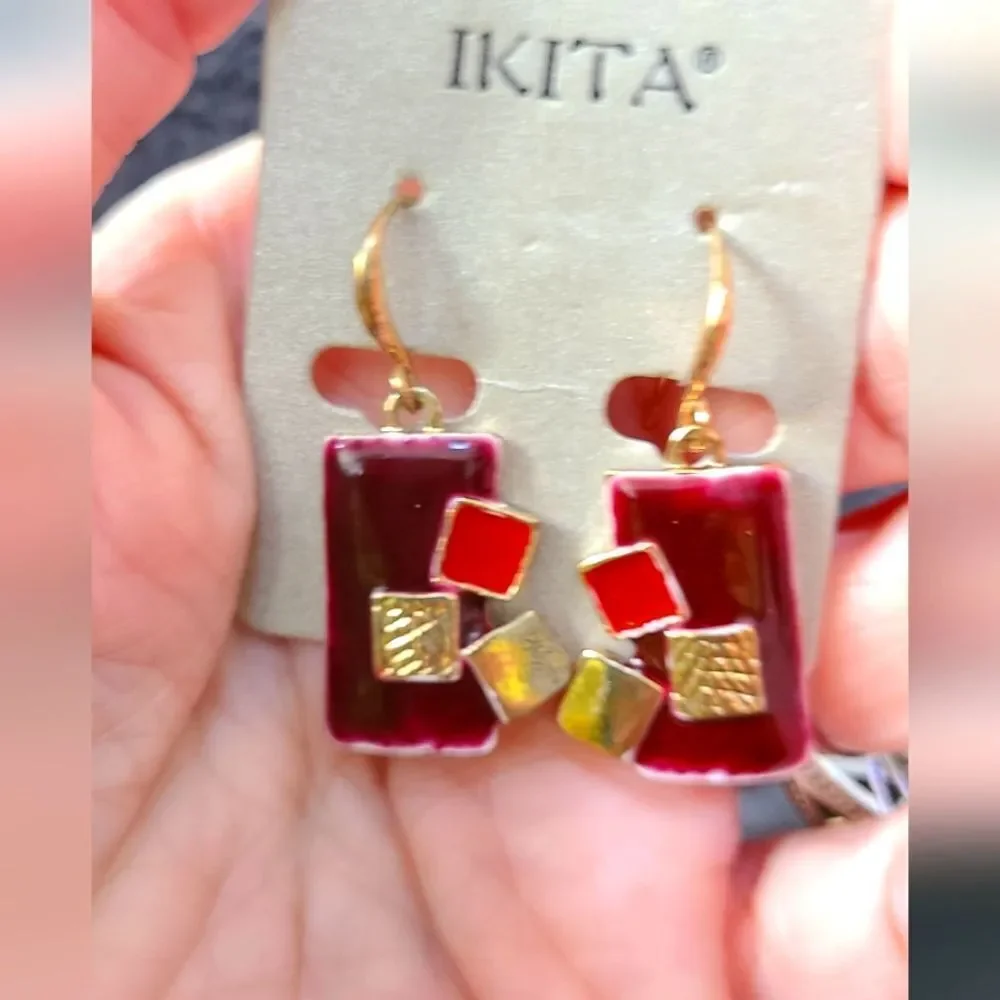 Statement Necklace And Pierced Earrings Paris! Ikita Red Enamel And Gold 16